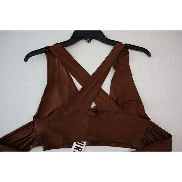 Urban Outfitters OB1280565 Women's Sz M Brown Satin Plunging Tie Back Crop Top - Picture 4 of 6
